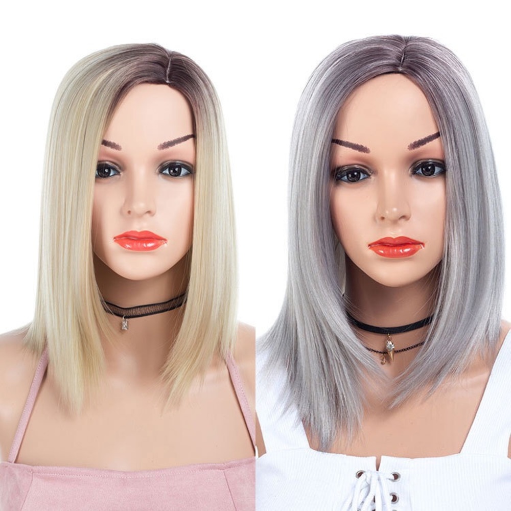 Blonde/ Dark Gray Straight Wig Synthetic Fiber Wig